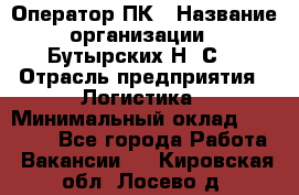 Оператор ПК › Название организации ­ Бутырских Н. С. › Отрасль предприятия ­ Логистика › Минимальный оклад ­ 18 000 - Все города Работа » Вакансии   . Кировская обл.,Лосево д.